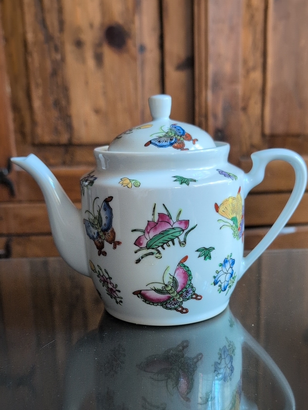 Vintage White Porcelain Teapot with Colorful Butterfly and Floral Motif 6"